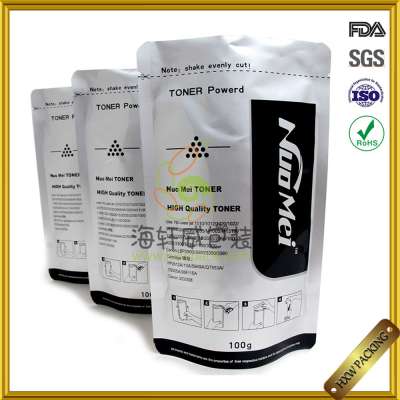 air tight frost printing recloseable stand up aluminium foil toner powder packing pouch with zipper